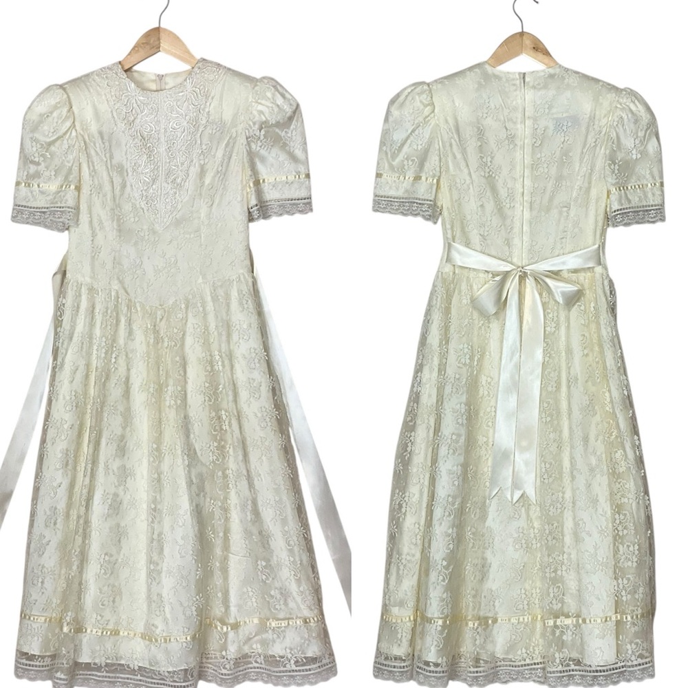 JESSICA MCCLINTOCK sz M/L ? Formal Girls Dress Lace Satin Ribbons Cream Yellow